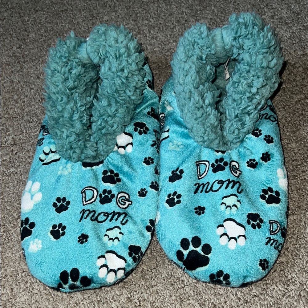 Lazy One Blue Dog Mom Slippers with Paw Prints
